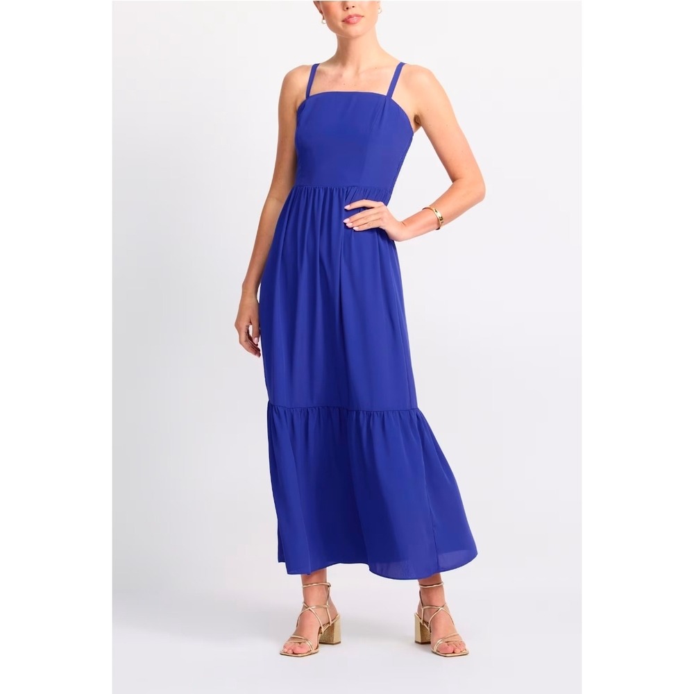 Nine Britton Women XL Cobalt Blue Maxi Dress Dolly Square Neck Smocked Tiered